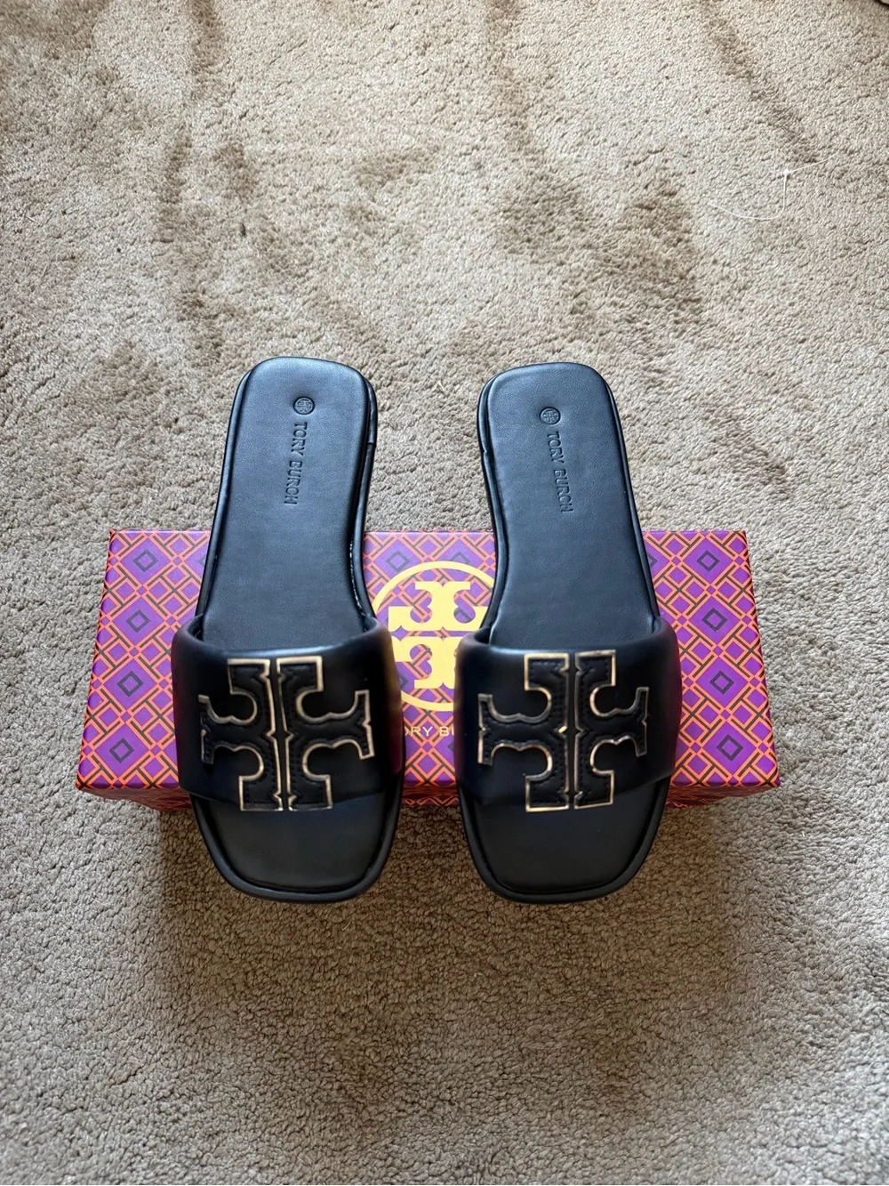 Tory Burch Black Slide Sandals with Gold Logo Accent